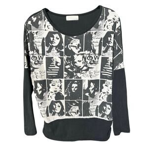 Manul Tee - Graphic Long Sleeve Top Black White Oversized Artsy Print - M/L